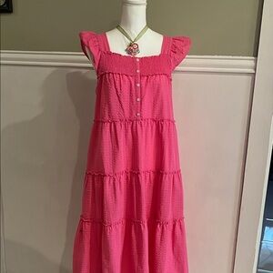 Barbie Pink Tiered maxi dress ruffle sleeve seersucker dress medium large